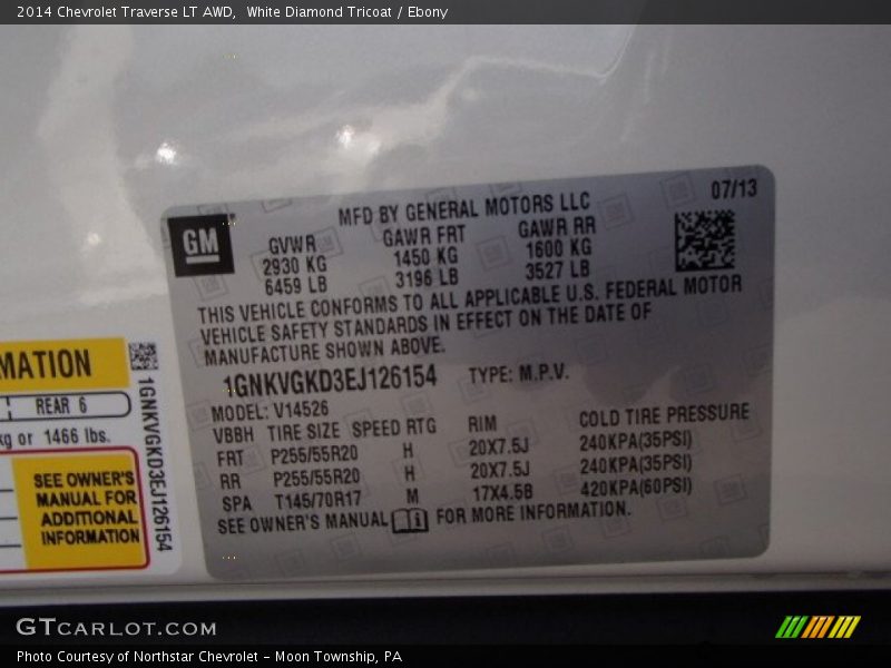 Info Tag of 2014 Traverse LT AWD