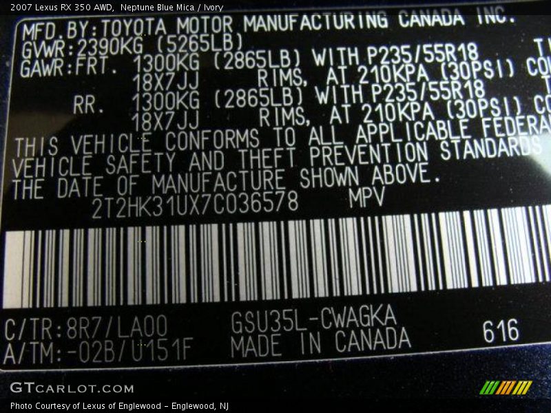 Neptune Blue Mica / Ivory 2007 Lexus RX 350 AWD