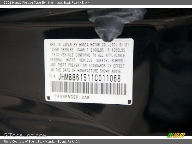 Info Tag of 2001 Prelude Type SH