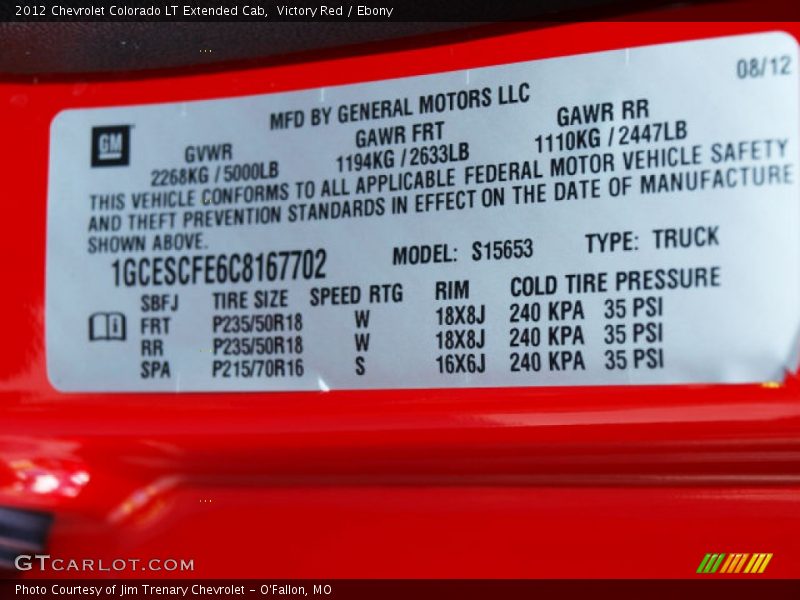 Info Tag of 2012 Colorado LT Extended Cab