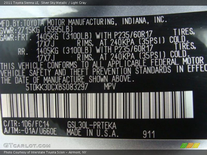 Silver Sky Metallic / Light Gray 2011 Toyota Sienna LE