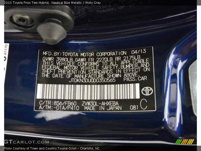 2013 Prius Two Hybrid Nautical Blue Metallic Color Code 8S6