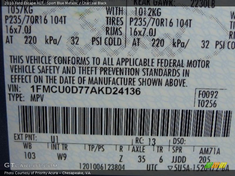 Sport Blue Metallic / Charcoal Black 2010 Ford Escape XLT