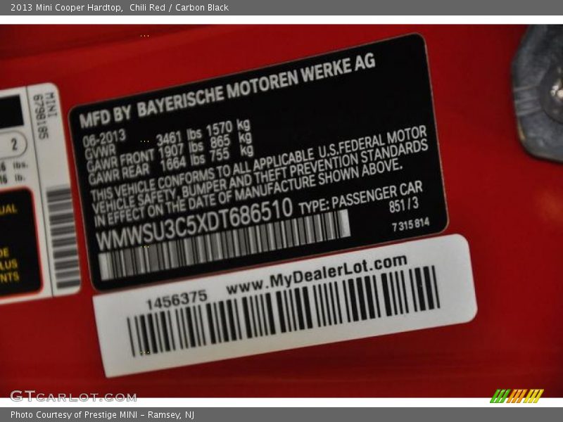 Chili Red / Carbon Black 2013 Mini Cooper Hardtop