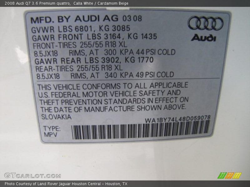 Calla White / Cardamom Beige 2008 Audi Q7 3.6 Premium quattro