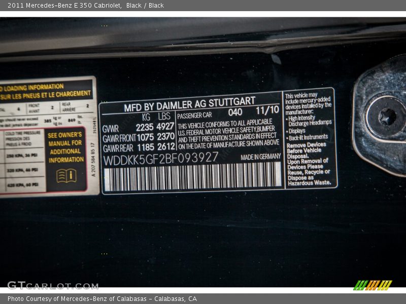 Black / Black 2011 Mercedes-Benz E 350 Cabriolet