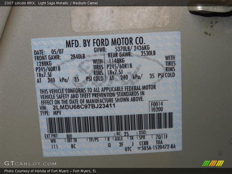 Light Sage Metallic / Medium Camel 2007 Lincoln MKX