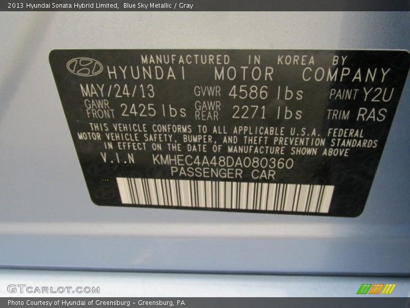 Blue Sky Metallic / Gray 2013 Hyundai Sonata Hybrid Limited