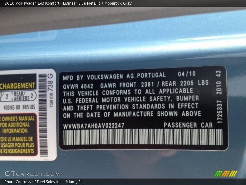 Eismeer Blue Metallic / Moonrock Gray 2010 Volkswagen Eos Komfort
