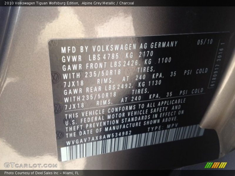 Alpine Grey Metallic / Charcoal 2010 Volkswagen Tiguan Wolfsburg Edition