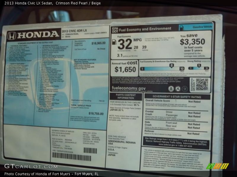 Crimson Red Pearl / Beige 2013 Honda Civic LX Sedan