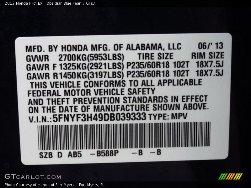 Obsidian Blue Pearl / Gray 2013 Honda Pilot EX