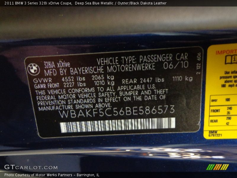 Deep Sea Blue Metallic / Oyster/Black Dakota Leather 2011 BMW 3 Series 328i xDrive Coupe