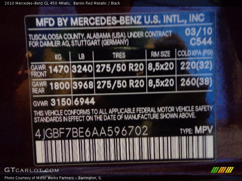 Barolo Red Metallic / Black 2010 Mercedes-Benz GL 450 4Matic
