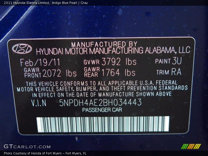 Indigo Blue Pearl / Gray 2011 Hyundai Elantra Limited