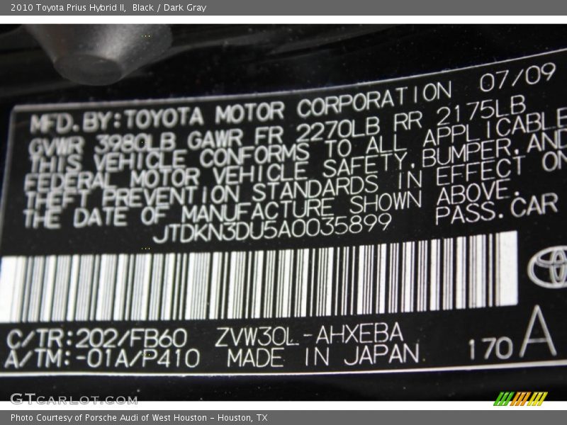 Black / Dark Gray 2010 Toyota Prius Hybrid II