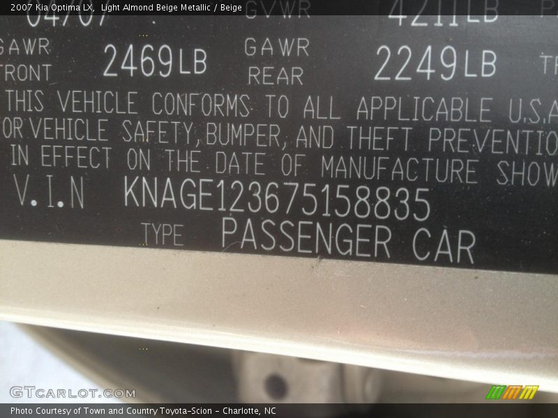 Light Almond Beige Metallic / Beige 2007 Kia Optima LX