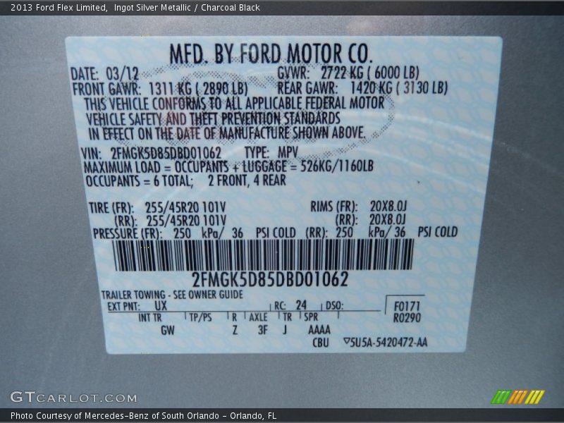 2013 Flex Limited Ingot Silver Metallic Color Code UX