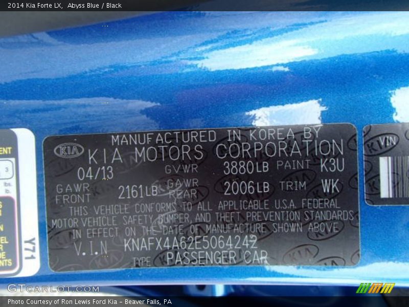 2014 Forte LX Abyss Blue Color Code K3U