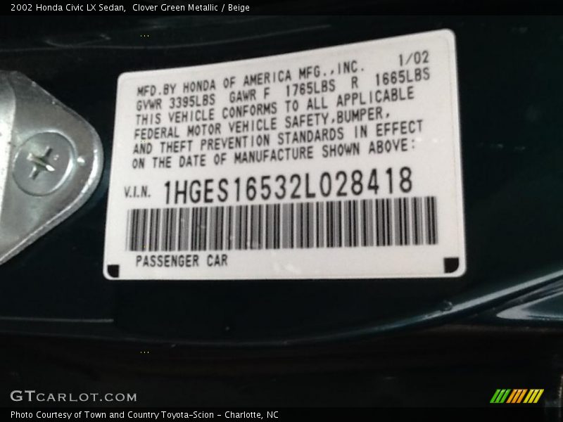 Clover Green Metallic / Beige 2002 Honda Civic LX Sedan