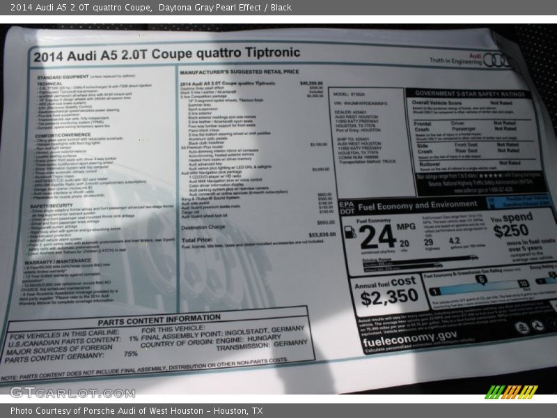  2014 A5 2.0T quattro Coupe Window Sticker
