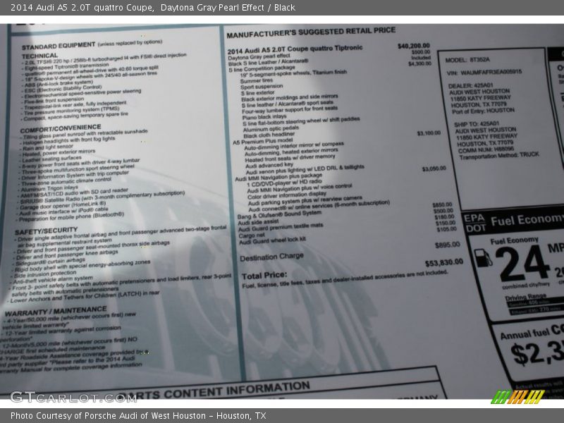  2014 A5 2.0T quattro Coupe Window Sticker