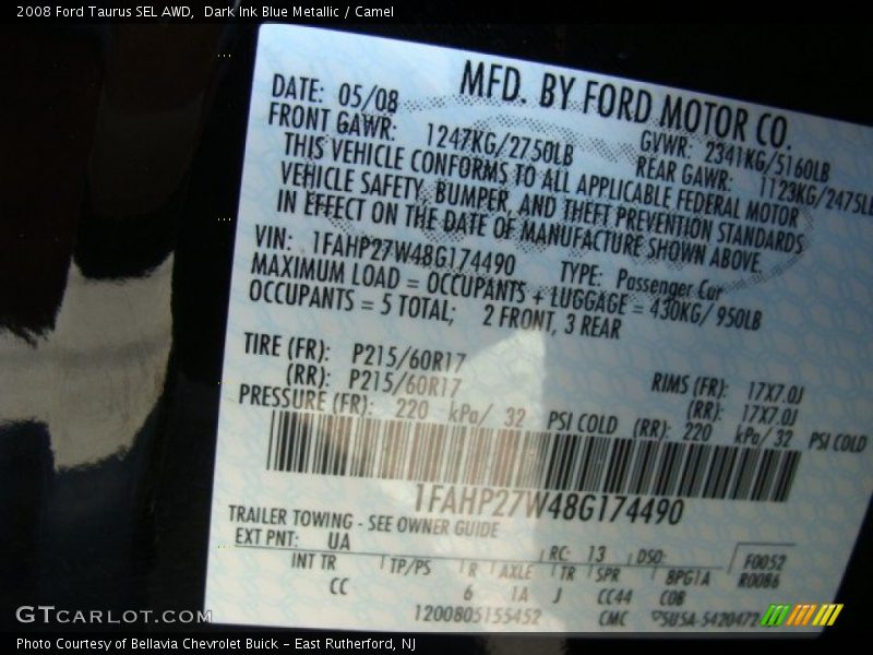 Dark Ink Blue Metallic / Camel 2008 Ford Taurus SEL AWD