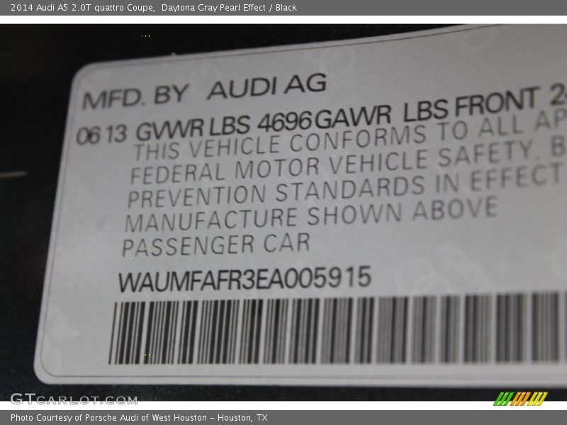 Info Tag of 2014 A5 2.0T quattro Coupe