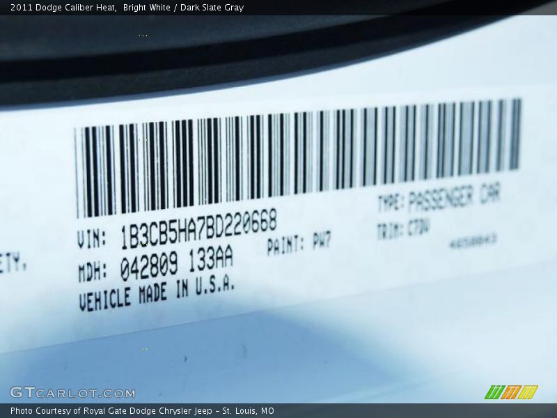 2011 Caliber Heat Bright White Color Code PW7