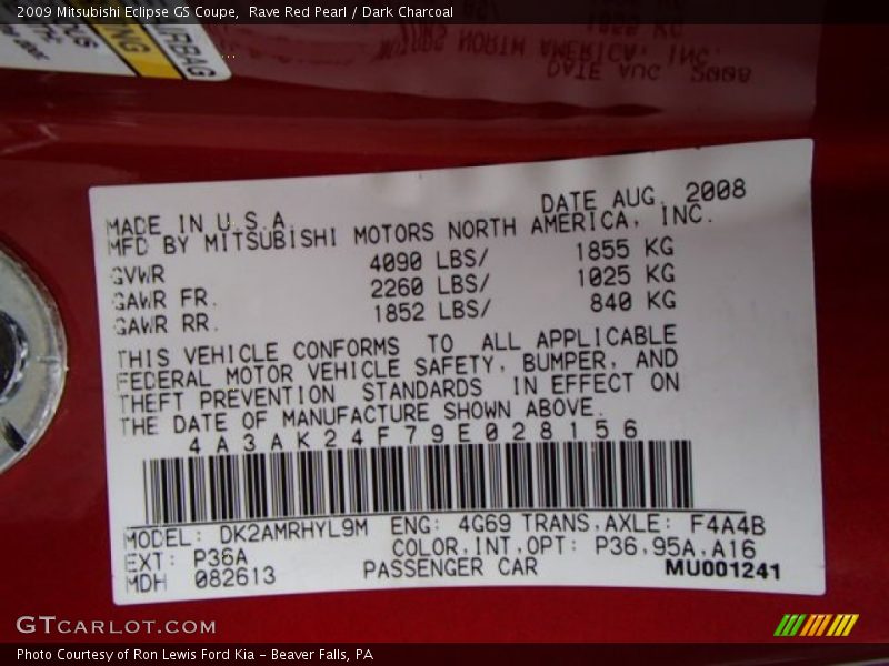 Rave Red Pearl / Dark Charcoal 2009 Mitsubishi Eclipse GS Coupe