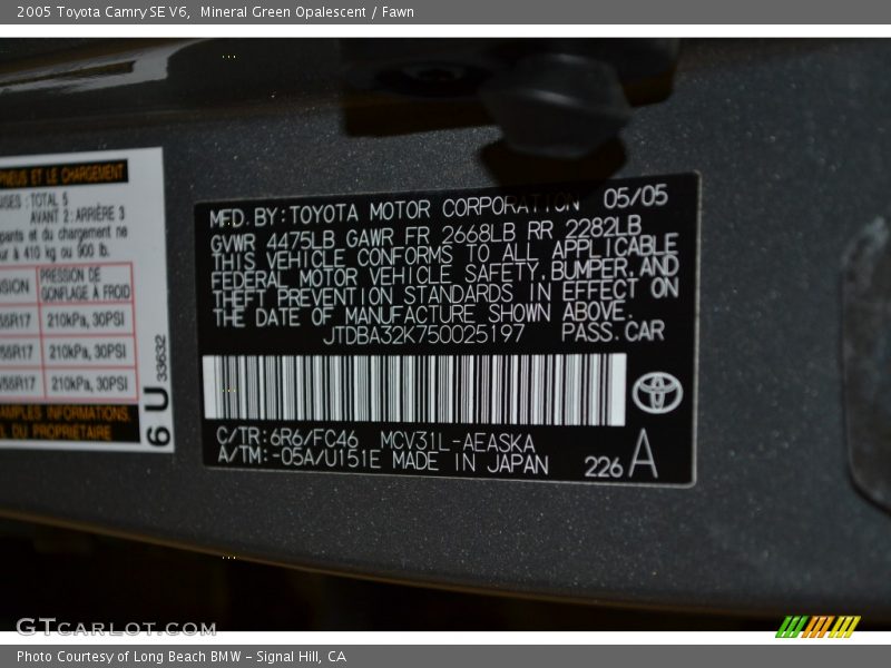 2005 Camry SE V6 Mineral Green Opalescent Color Code 6R6