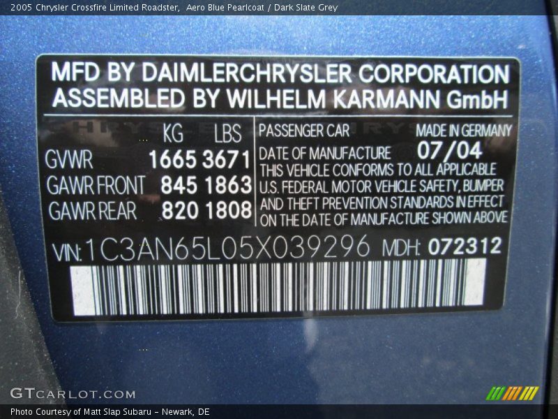 Aero Blue Pearlcoat / Dark Slate Grey 2005 Chrysler Crossfire Limited Roadster