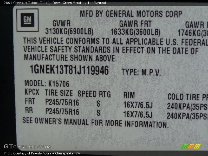 Forest Green Metallic / Tan/Neutral 2001 Chevrolet Tahoe LT 4x4
