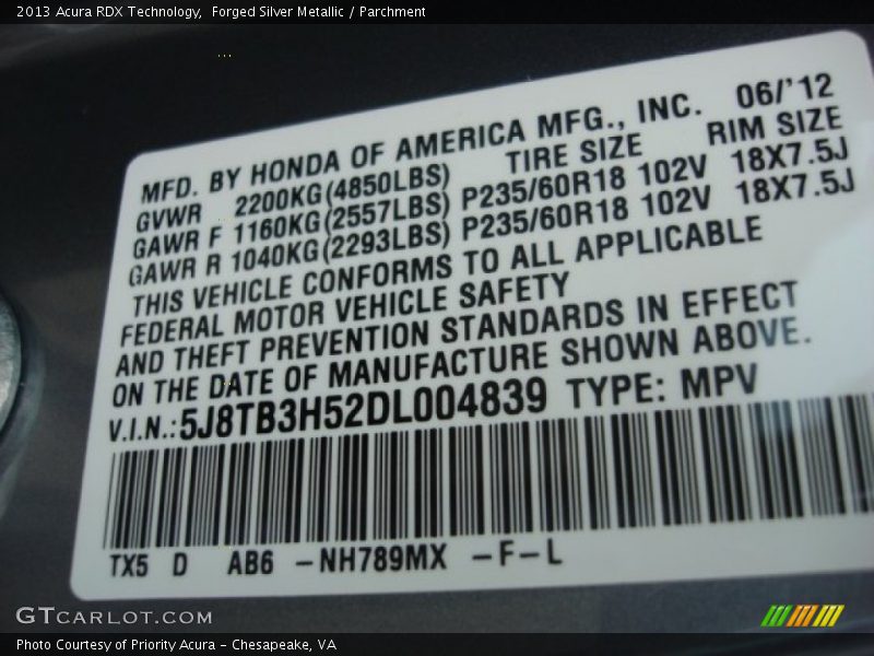 Forged Silver Metallic / Parchment 2013 Acura RDX Technology