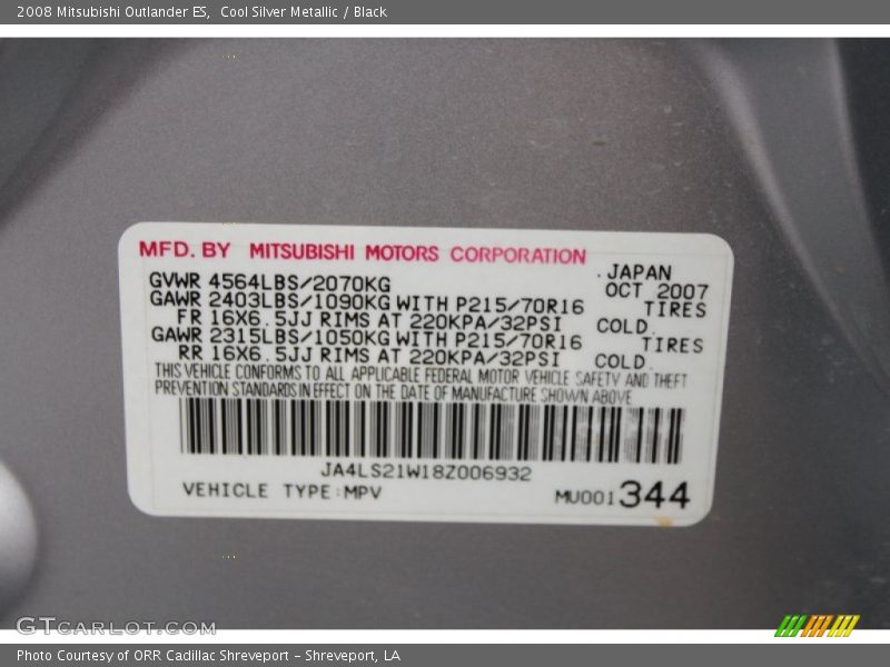 Cool Silver Metallic / Black 2008 Mitsubishi Outlander ES