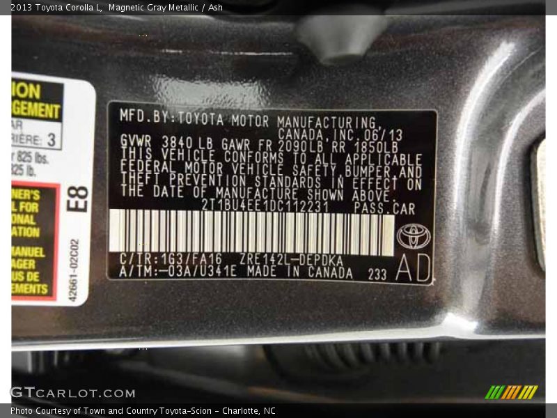 Magnetic Gray Metallic / Ash 2013 Toyota Corolla L
