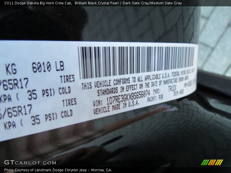 Brilliant Black Crystal Pearl / Dark Slate Gray/Medium Slate Gray 2011 Dodge Dakota Big Horn Crew Cab