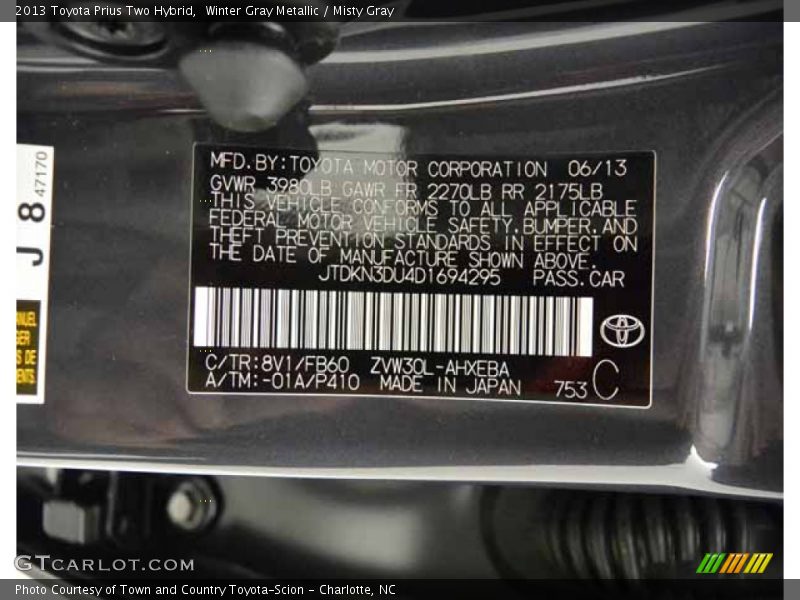 2013 Prius Two Hybrid Winter Gray Metallic Color Code 8V1