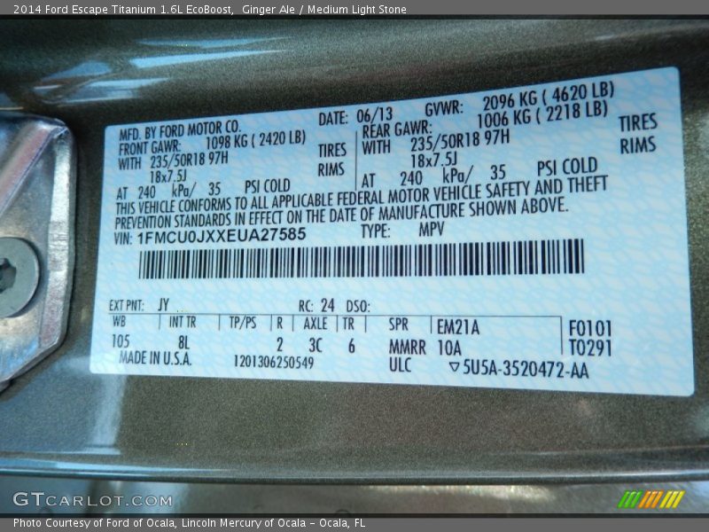 2014 Escape Titanium 1.6L EcoBoost Ginger Ale Color Code JY