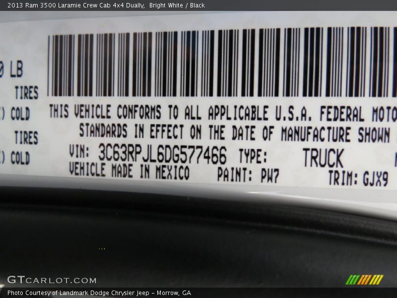 2013 3500 Laramie Crew Cab 4x4 Dually Bright White Color Code PW7