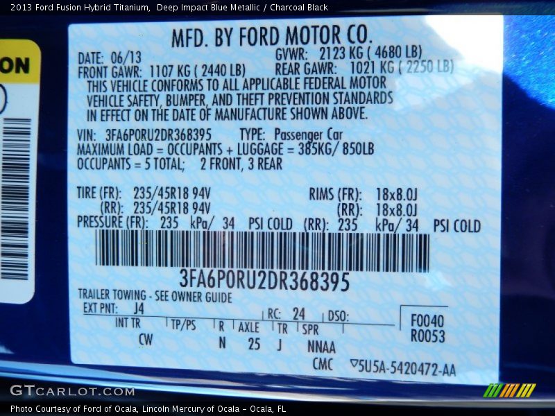 2013 Fusion Hybrid Titanium Deep Impact Blue Metallic Color Code J4