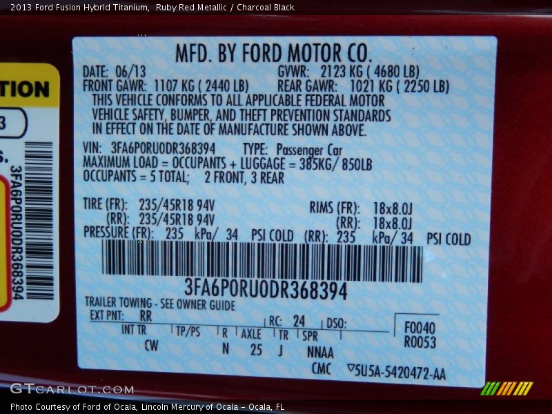 2013 Fusion Hybrid Titanium Ruby Red Metallic Color Code RR