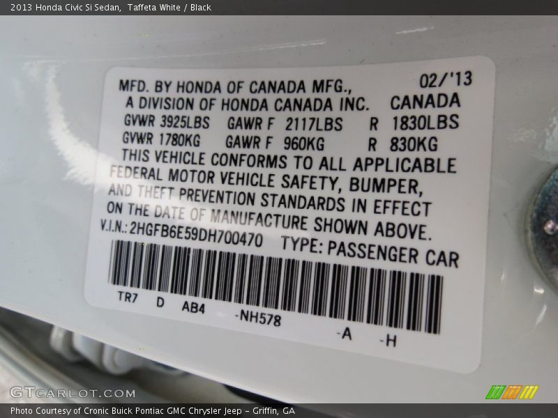 Taffeta White / Black 2013 Honda Civic Si Sedan