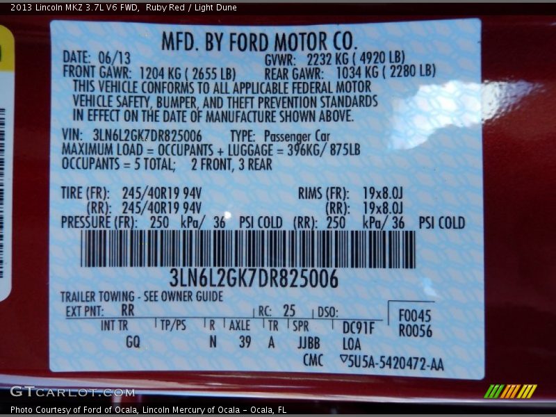 2013 MKZ 3.7L V6 FWD Ruby Red Color Code RR
