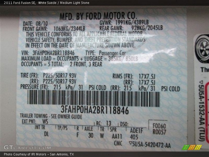 White Suede / Medium Light Stone 2011 Ford Fusion SE