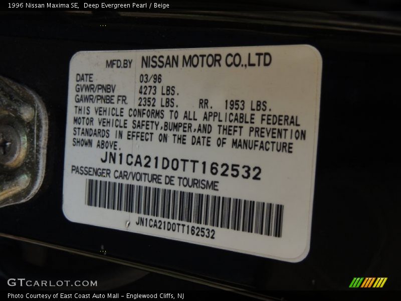 Deep Evergreen Pearl / Beige 1996 Nissan Maxima SE