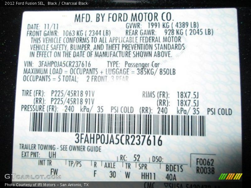 Black / Charcoal Black 2012 Ford Fusion SEL