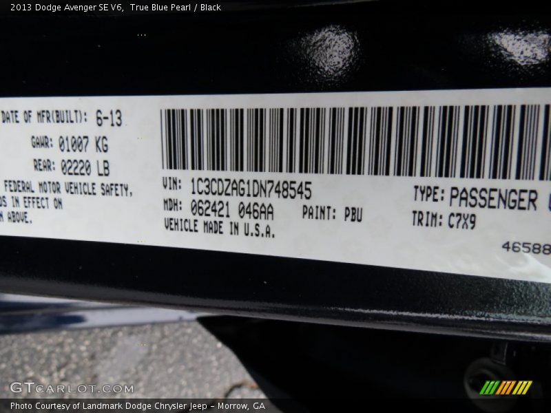 True Blue Pearl / Black 2013 Dodge Avenger SE V6