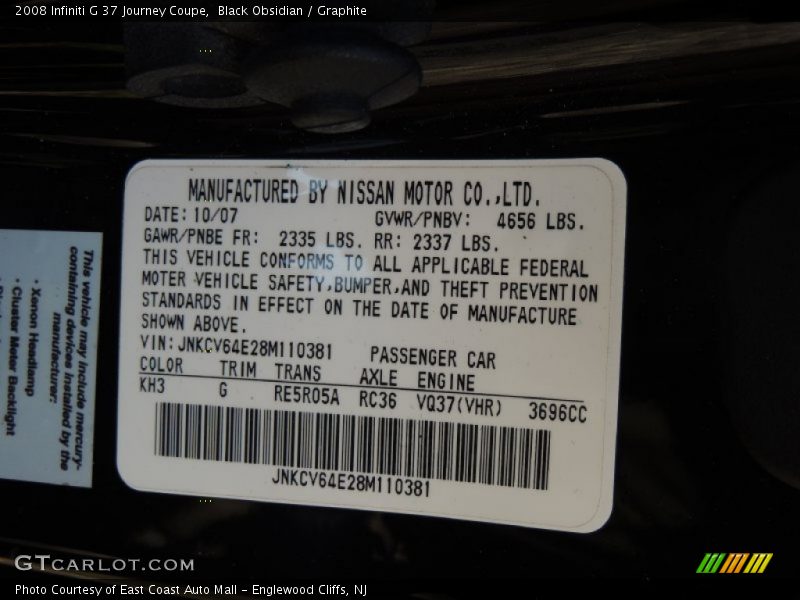 Black Obsidian / Graphite 2008 Infiniti G 37 Journey Coupe
