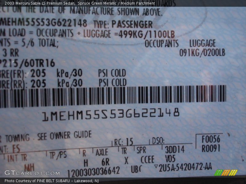 2003 Sable LS Premium Sedan Spruce Green Metallic Color Code FS